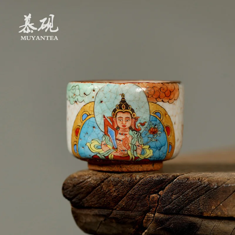 Mu Yan Handmade Wood-Fired Shino Ware Hand-Painted Pastel Thangka Personal Tea Cup, Kiln-Fired Creative Host Cup