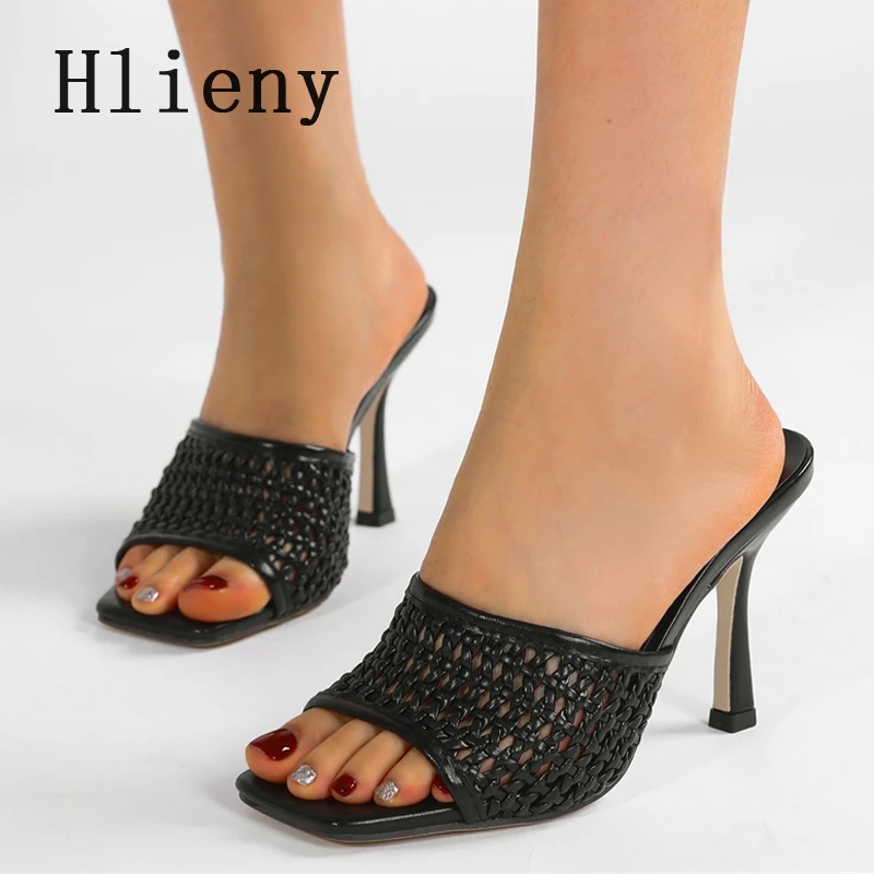 

Hlieny/летние модные сетчатые женские тапочки с открытым носком, сандалии на высоком каблуке на тонком каблуке, женские вечерние модельные шлепанцы