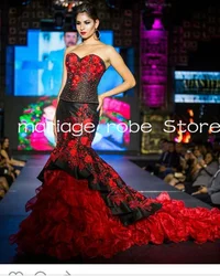 Red Black Mermaid Sweetheart Prom Occasion Dresses Ruffles Tiered Chapel Train Mexican Charro Corset Evening Pageant Gown