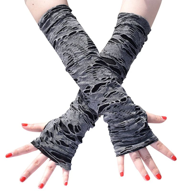 Gothic Black Fingerless Long Gloves Punk Broken Hole Half-finger Glove Arm Warmer Beggar Cosplay Halloween Costume Accessories