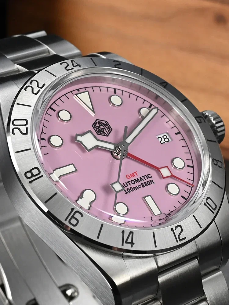 San Martin SN0054 Pink Dial BB GMT NH34 39mm Classic Luxury Business Men Watch Automatic Mechanical Sapphire Waterproof Relojes