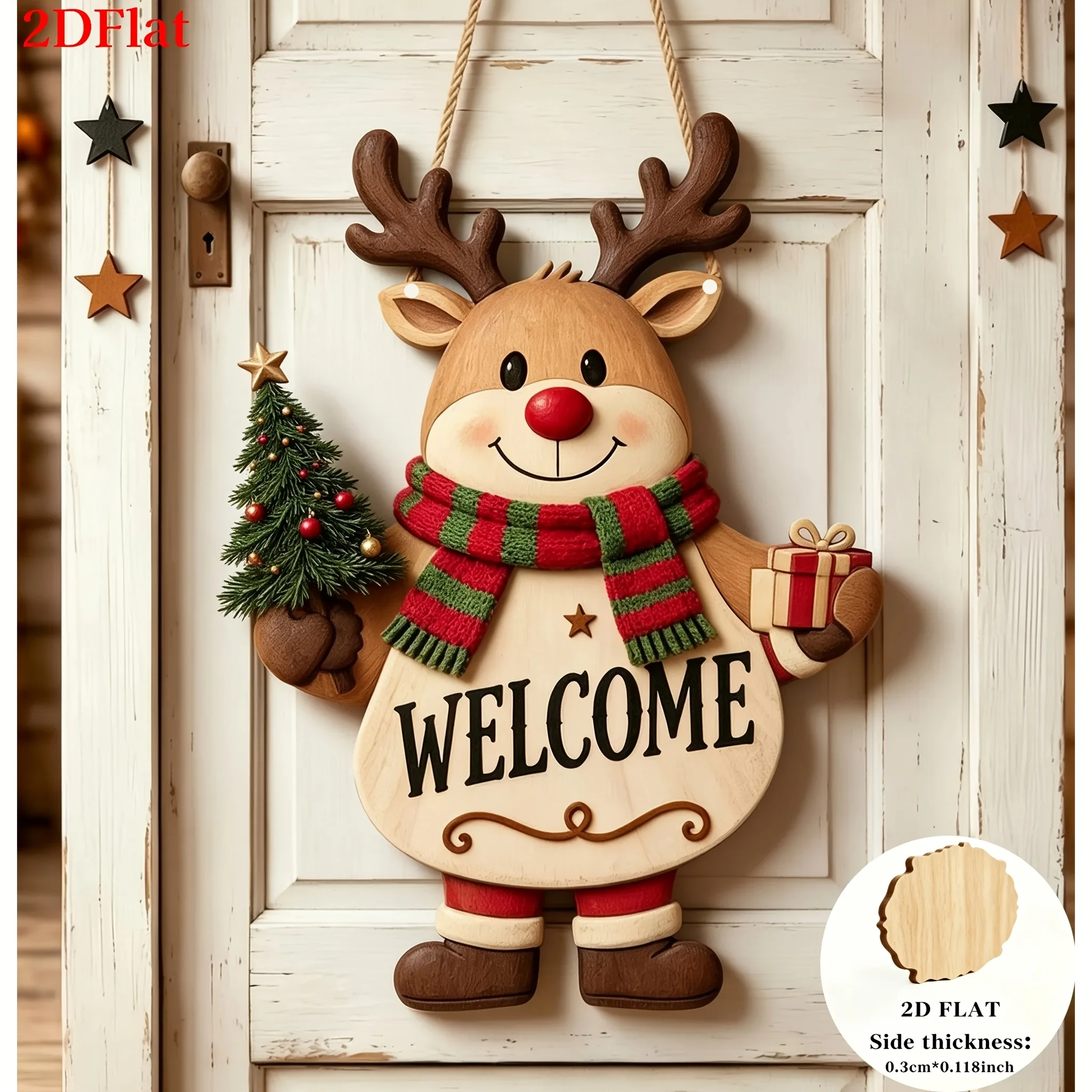 2D Flat, 1pc Vintage-style Christmas Reindeer Wooden Welcome Hanging Ornament, Featuring an Adorable Red-nosed Reindeer Design