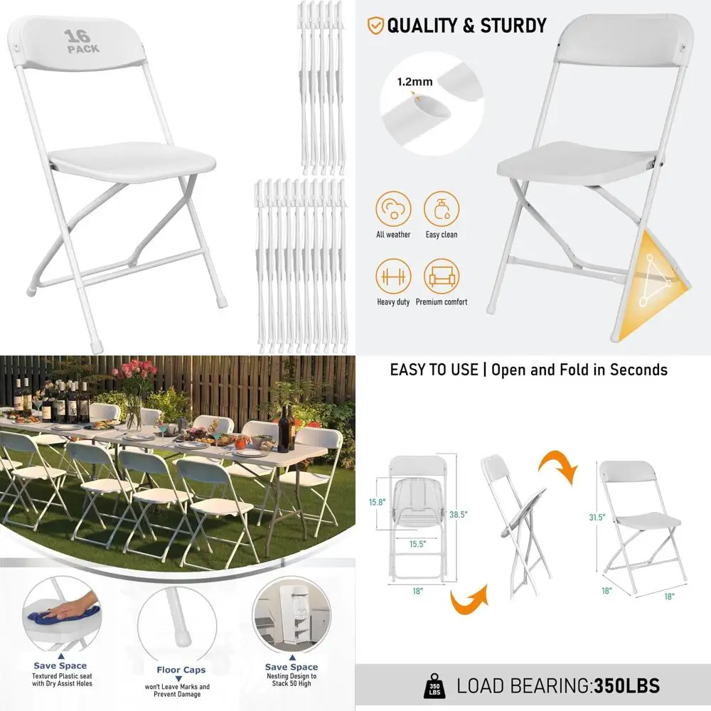Portable Stackable Plastic Folding Chairs - White, Indoor/Outdoor Use, Steel Frame, 350lb Capacity for Events and Gatherings