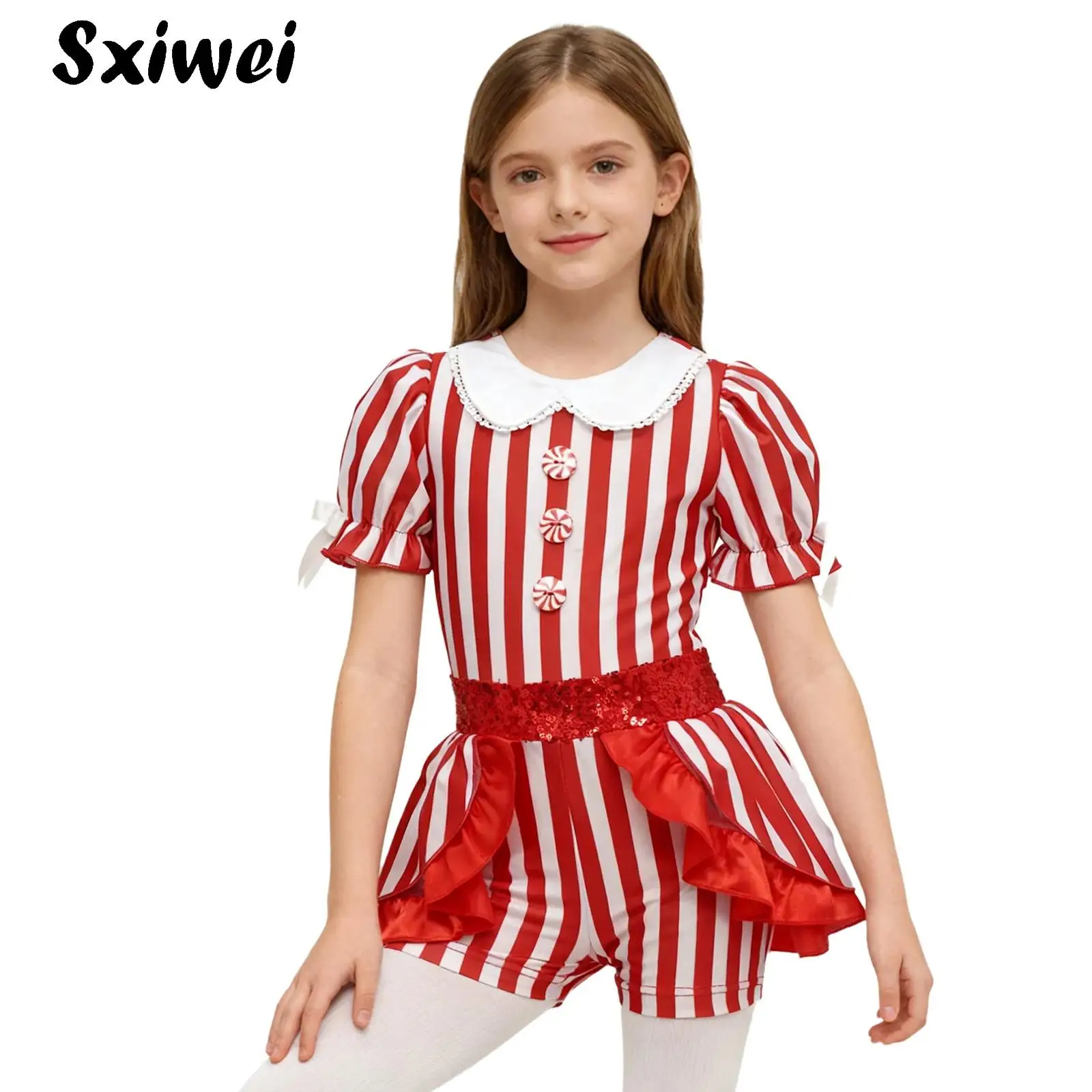 

Kids Girls Christmas Candy Cane Jumpsuit Dance Bodysuit Shorty Unitard Dress for Santa Elf Cosplay Jazz Latin Ballet Performance