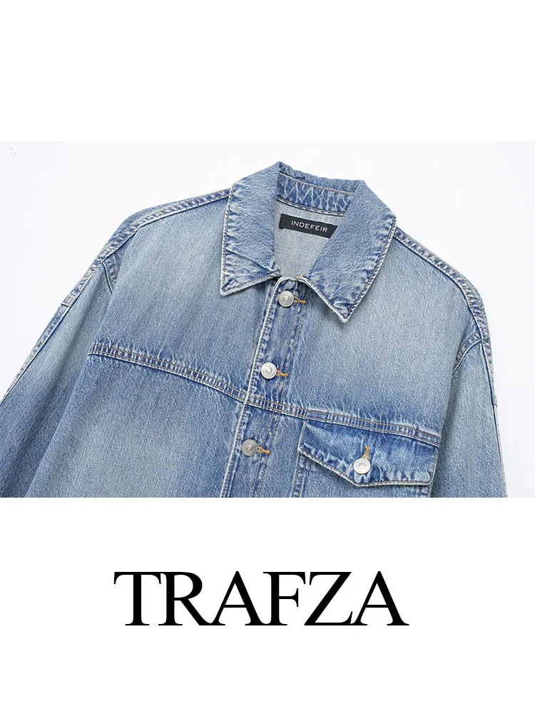 TRAFZA Women's Summer Blue Color Fashion Vintage Long Sleeved Lapel Denim Dress Female Elegant Single Breasted Long Dress image 3
