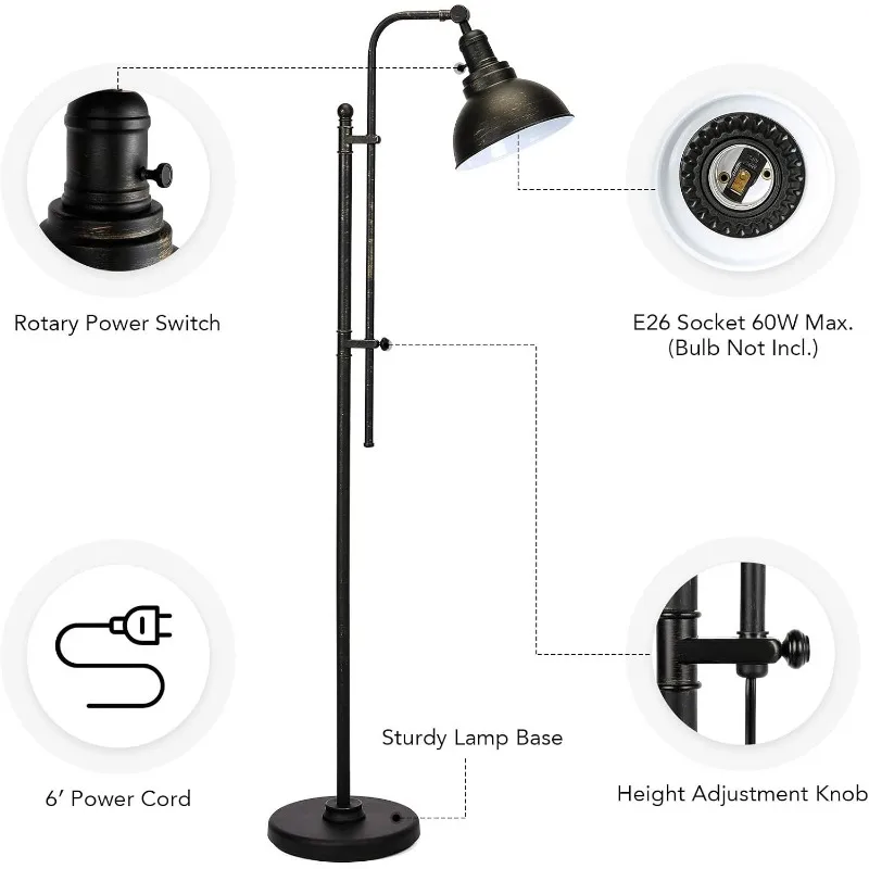 مصباح أرضي معدني عتيق بارتفاع قابل للتعديل ، مصباح أرضي صناعي طويل ، مصباح عمود قراءة قائم ، 65 بوصة