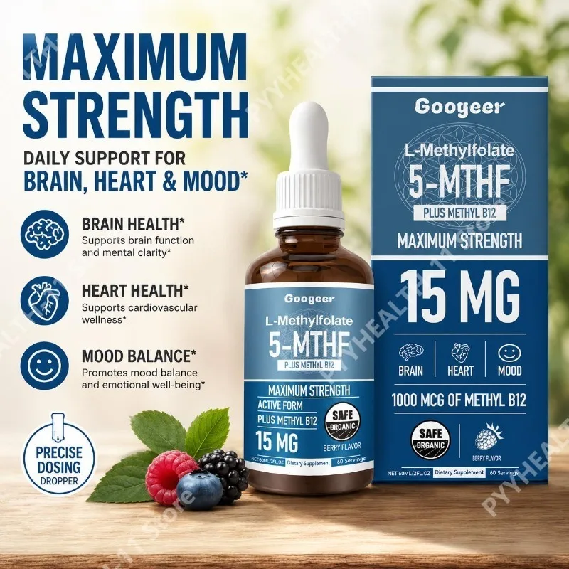 

Googeer L-Methylfolate 5-MTHF Liquid Drops with Methyl B12 15mg 1000mcg Maximum Strength Heart Brain Mood Support 60ml