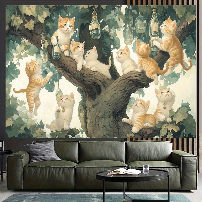 cat's wine bottle is on the tree Digital printing polyester wall tapestry suitable for use in living rooms bedrooms bars party