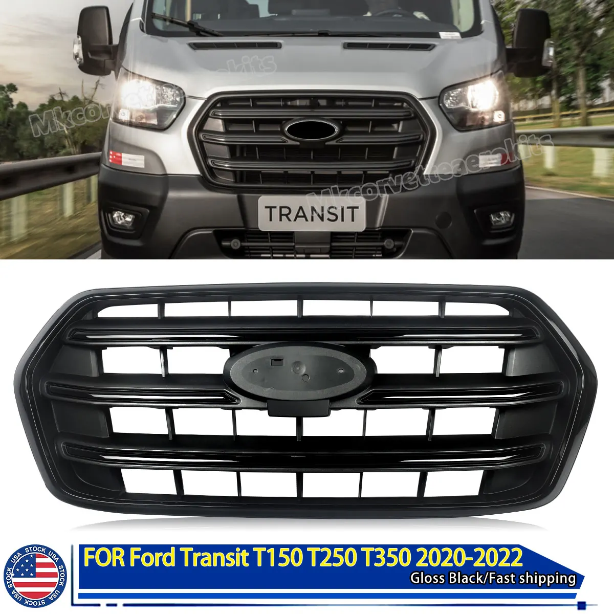 SAIQINGSP Front Bumper Upper Grille For Ford Transit T150 T250 T350 2020-2022 Gloss Black Direct Replacement Accessories Tools