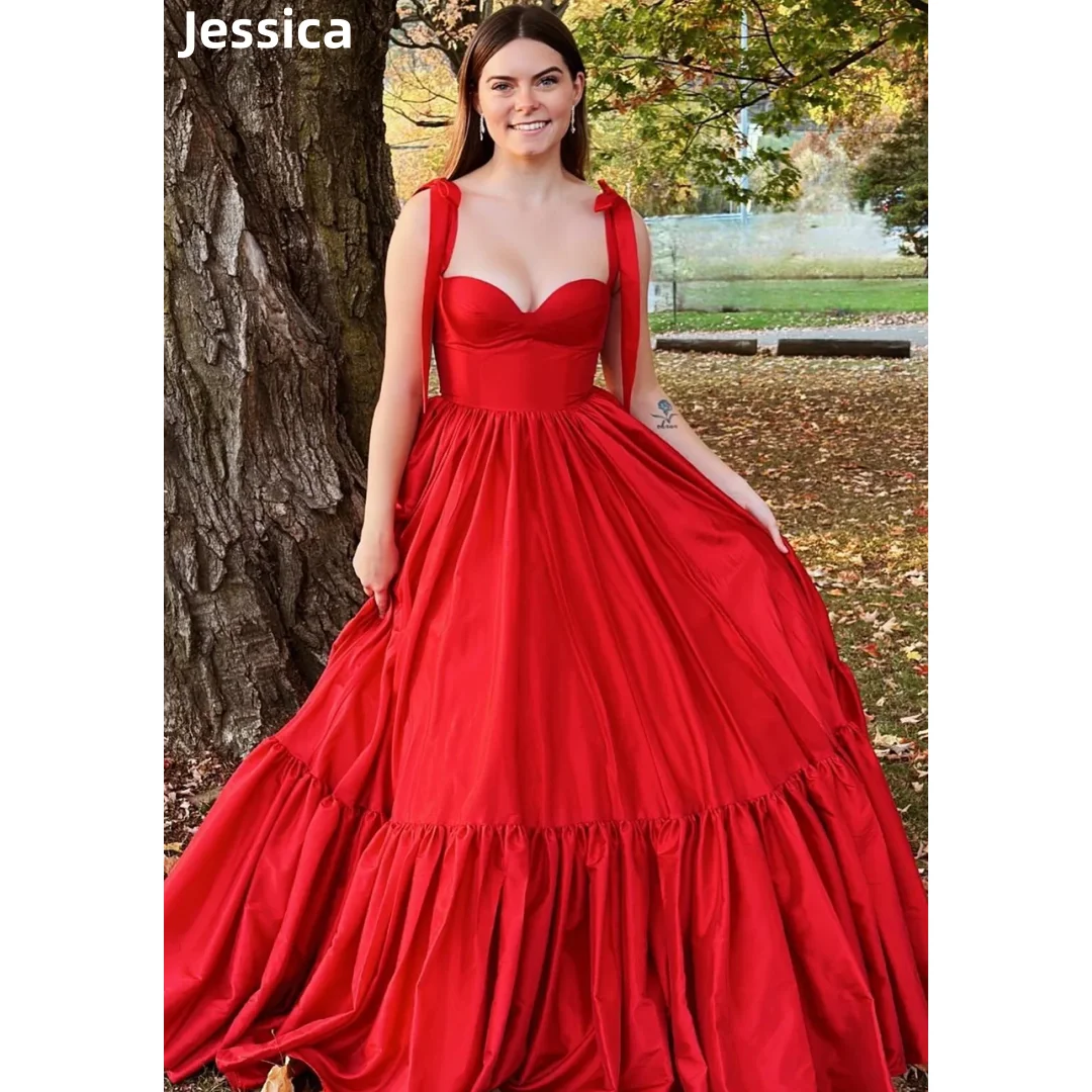 

Jessica Red Taffeta Prom Dresses Sweet Spaghetti Strap Long Evening Dresses A-line Formal Occasions Cocktail Dresses