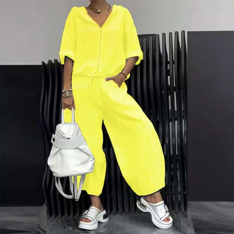 2025 printemps et automne nouveau coton et chanvre femmes décontracté mode à manches longues pantalons deux pièces ensemble vêtements pour femmes pantalon ensemble