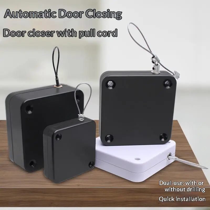Auto Sensor Sliding Door Closer Bold Drawstring No Punch Telescopic Black White Easy Setup for Rental House Use