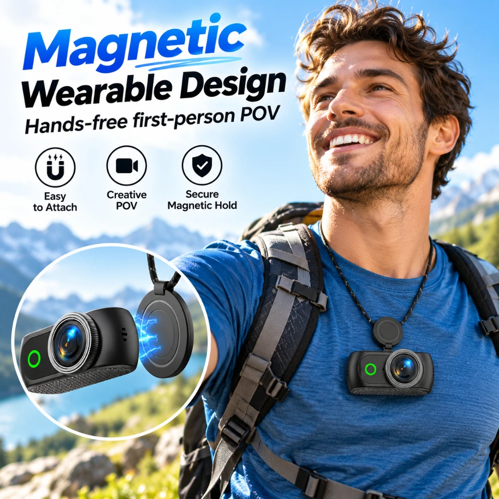 Magnetic Wearable Action Camera WiFi Mini Vlog Camera Flip Screen Handsfree POV Recorder for Travel Cycling Hiking Outdoor Sport