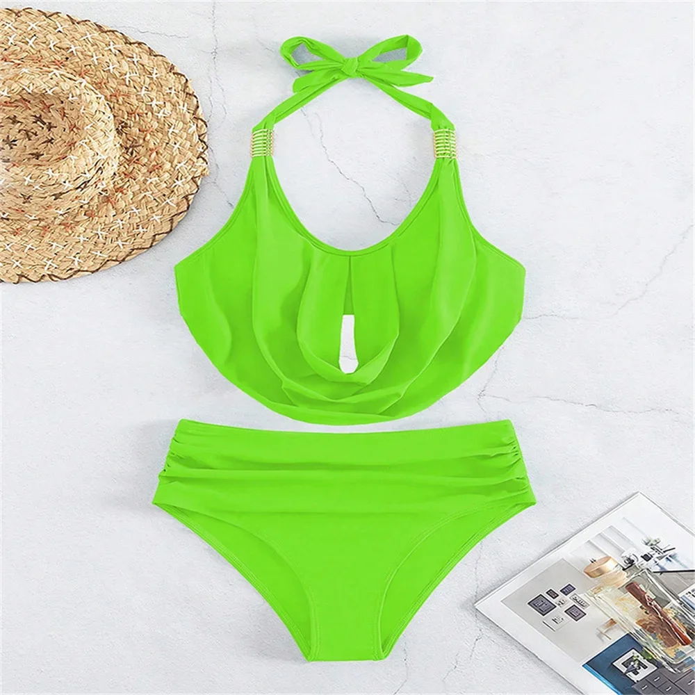 Sexy Stacked Pleated Bikini Tankini Y2K Swimsuit Push Up Halter Bandage Backless Extrem Swimwear Women Beach Outfit Bathing Suit