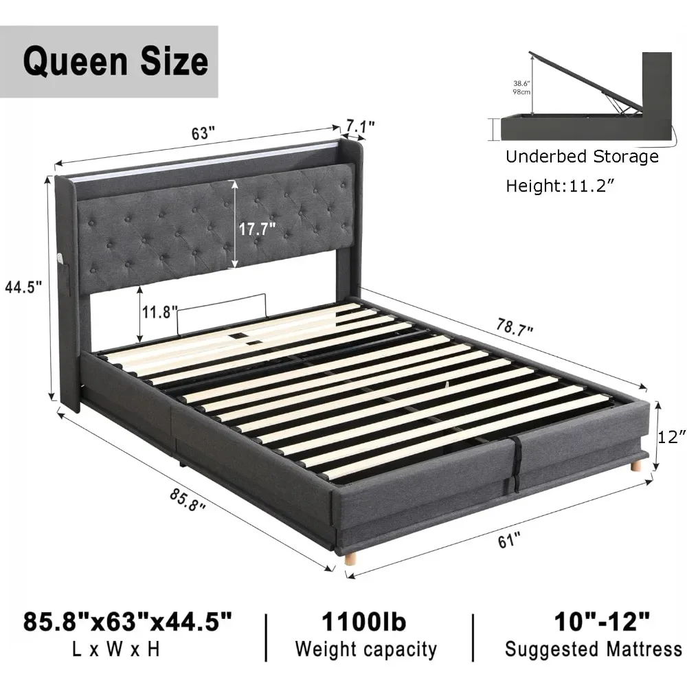 Lift Up Storage Queen Bed Frame with Headboard,Charging Station & Led Lights, with Button Tufted Wingback Storage Headboard