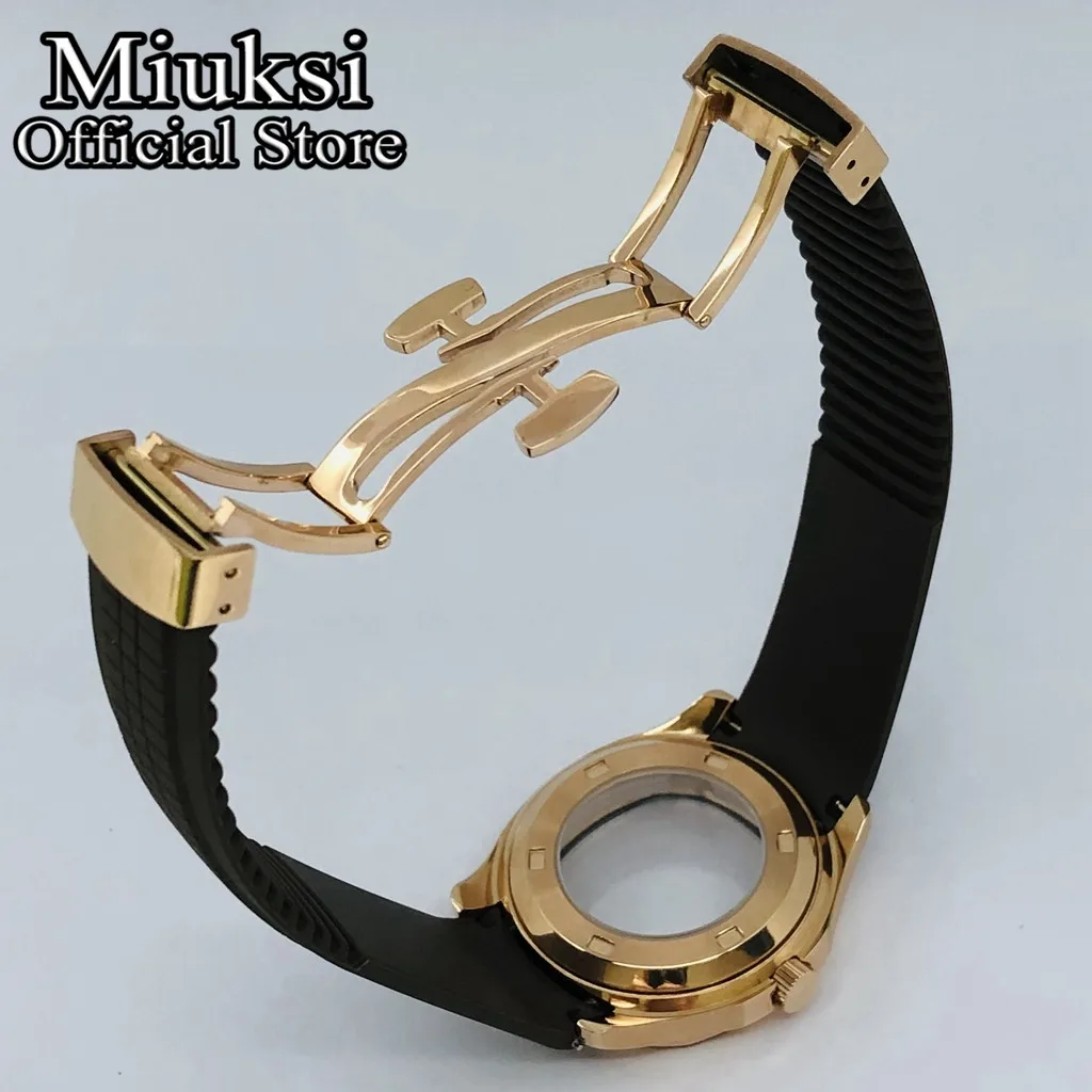 Miuksi 40mm square rose gold watch case sapphire glass black blue grey green rubber strap fit NH35 NH36 ETA2824 PT5000 movement