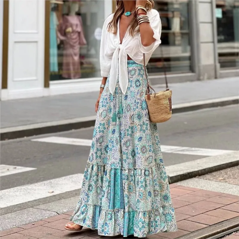 Printed Ruffles A-line Skirt Women Fashion Casual Bohemian Vacation Commuting Style Loose Long Skirts Trendy Female Clothing