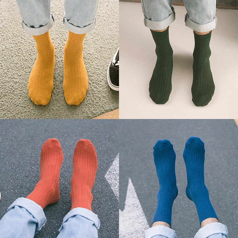 Men's cotton classic double needle medium tube casual sports comfortable breathable solid color 4 season medium tube socks