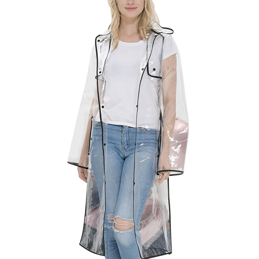 

Black Slicker Women Clear Raincoat Lightweight Waterproof Mid Long Hooded Jacket Transparent Ponchos Fashion