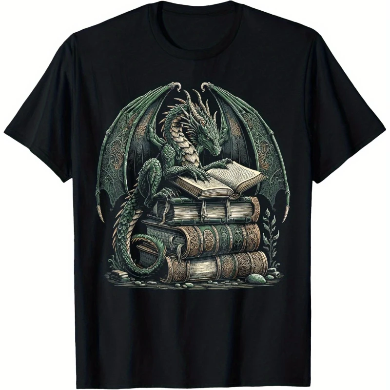 Men's Bookworm Dragon Pattern Reading T-shirt - Fantasy Book Pattern T-shirt with Dragon and Book Design for Daily Wearing
