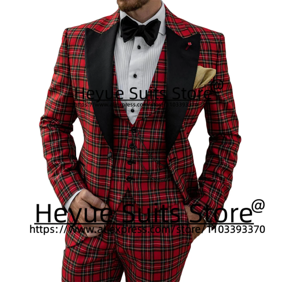 Trajes de boda a cuadros rojos para hombres, esmoquin Formal de novio, Blazer de negocios, ajuste Delgado, solapa de pico negro, conjuntos de 3