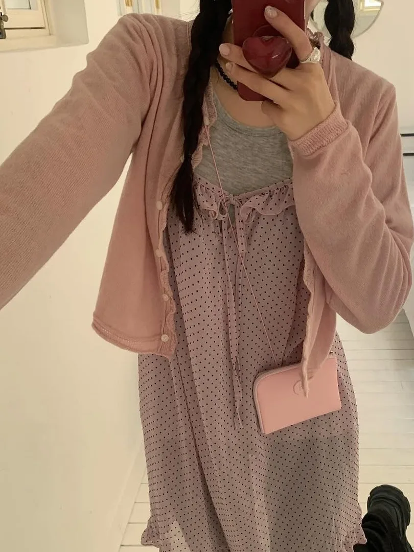 Vestido  de Verão com Estampa de Poá para Mulheres, Estilo Coreano, Com Cinto, Saia em Camadas com Babados, Sem Mangas, S...