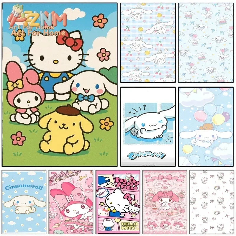 AZNM Sanrio Hello Kitty My Melody Cinnamoroll Pompompurin Canvas Poster, Cute Cartoon Wall Art, Home Bedroom Decor, Unframed Pai