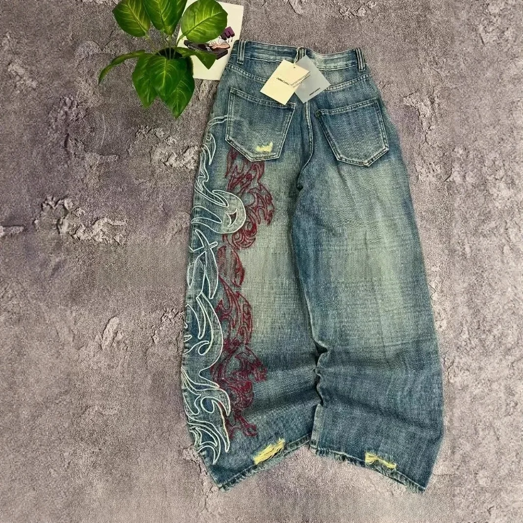

Y2K American New Pattern Embroidery Baggy Jeans Couple Pants mid Waist Straight Leg Loose Fit Teenager Jeans Casual Trousers