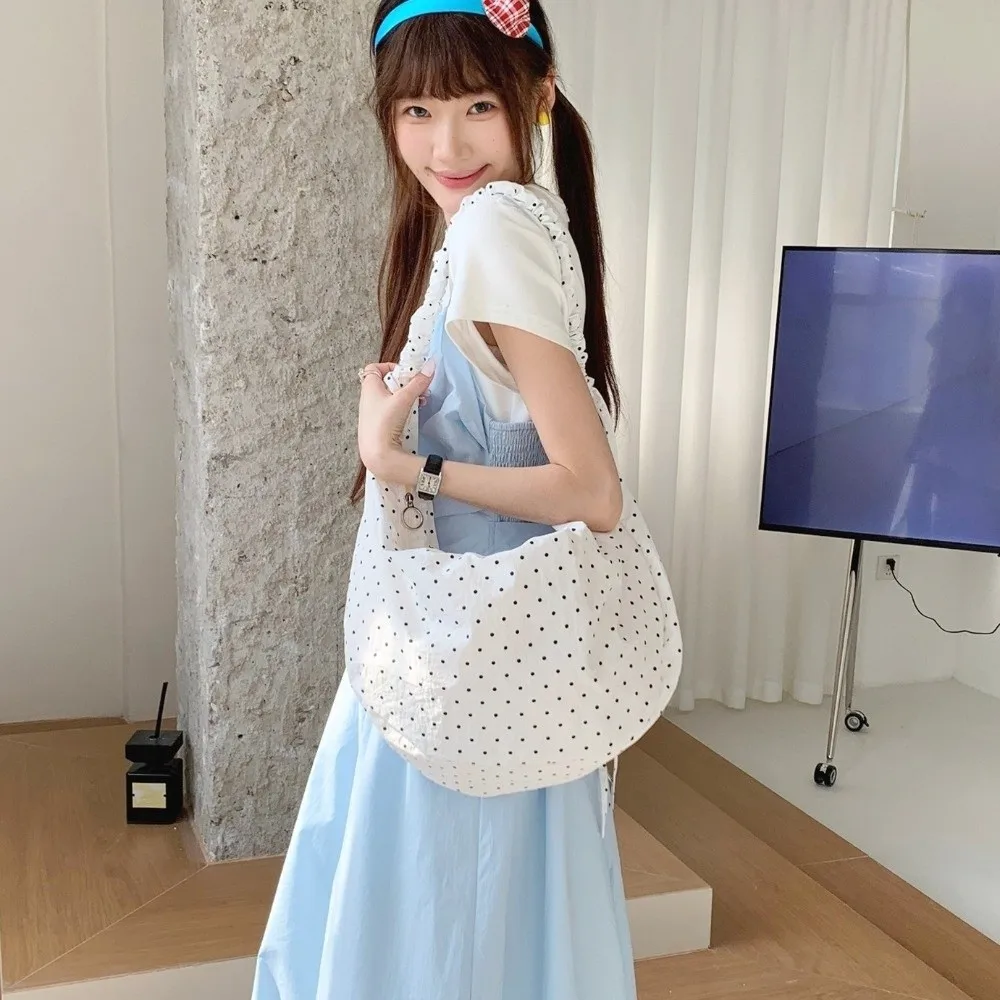 

Регулируемая нейлоновая сумка через плечо в горошек, легкая плиссированная сумка через плечо на шнурке, большая вместимость, корейский стиль