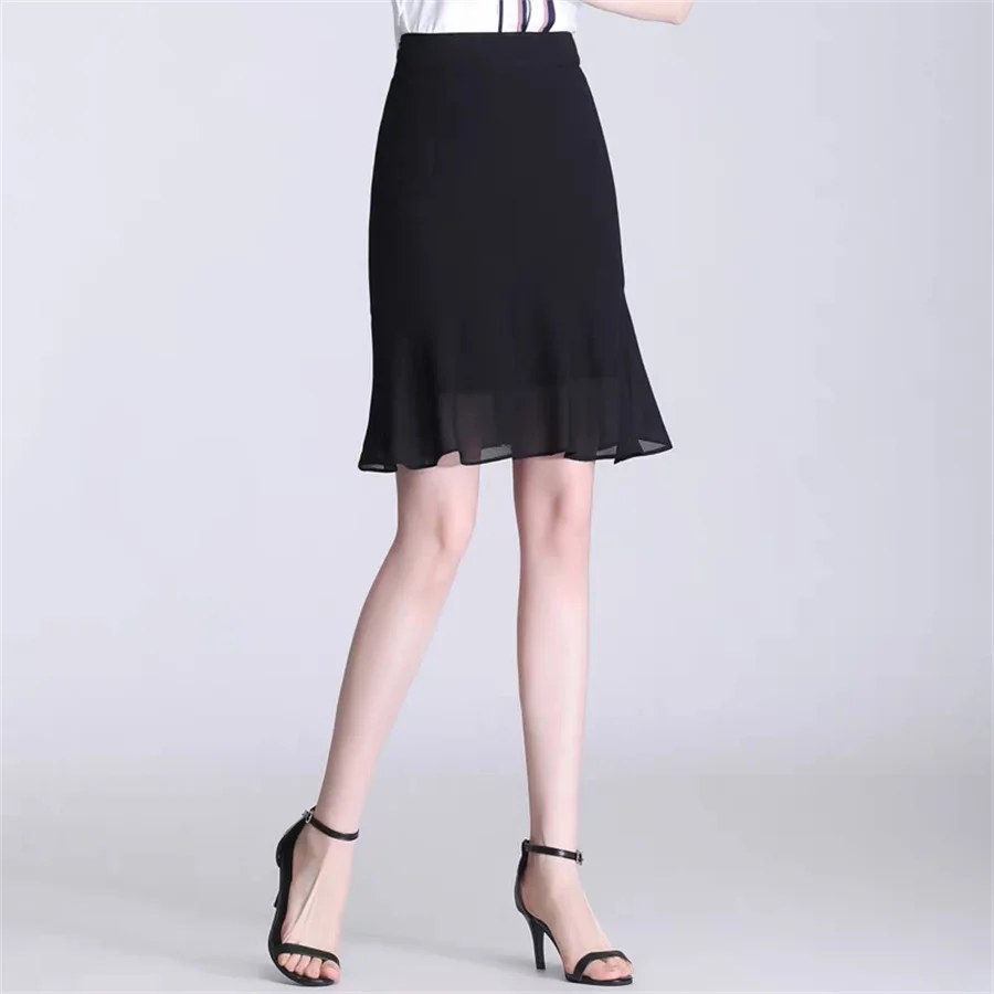 Saia Sereia Elegante de Chiffon para o Verão Feminina, Meia Saia Casual da Moda em Cor Sólida, Tamanhos Grandes