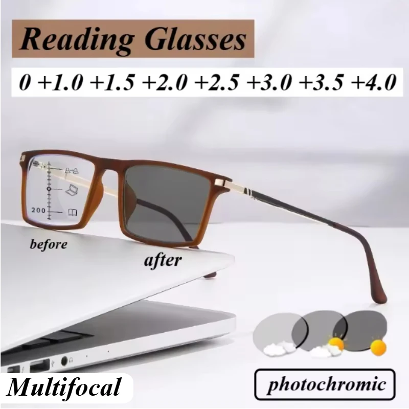 Lunettes de lecture photochromiques multifocales, lunettes de lecture à double usage pour la distance, avec des propriétés haute définition et anti-lumière bleue
