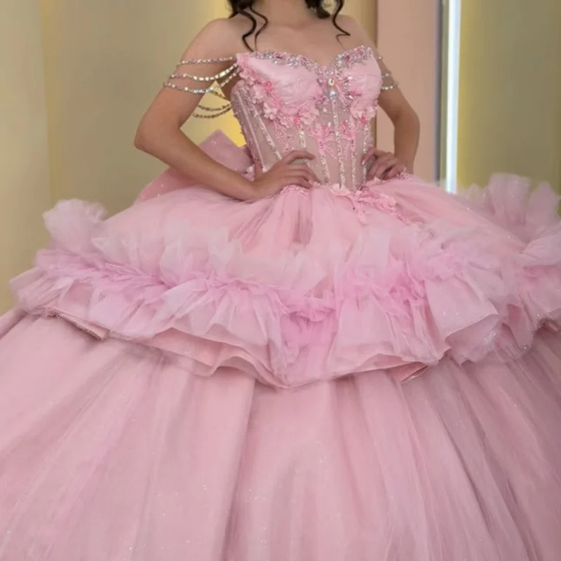 

Pink Quinceanera Dresses Off the Shoulder Lace Layering Ruffle Decal 3D Flower Long tail Bow Vestido De 15 Quinceanera Customize