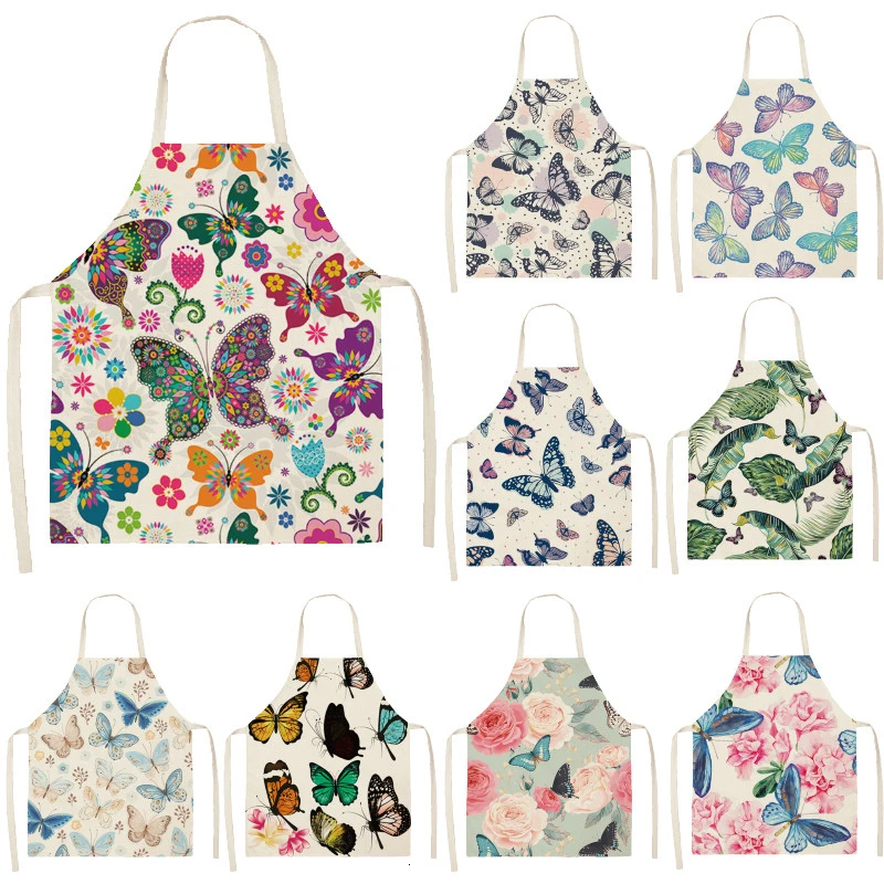 

1PC Cotton Baking Waist Bib Linen Flower Butterfly Printed Kitchen Sleeveless Chef Apron Women Home Cooking Pinafore 55x68cm