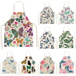 1PC Cotton Baking Waist Bib Linen Flower Butterfly Printed Kitchen Sleeveless Chef Apron Women Home Cooking Pinafore 55x68cm