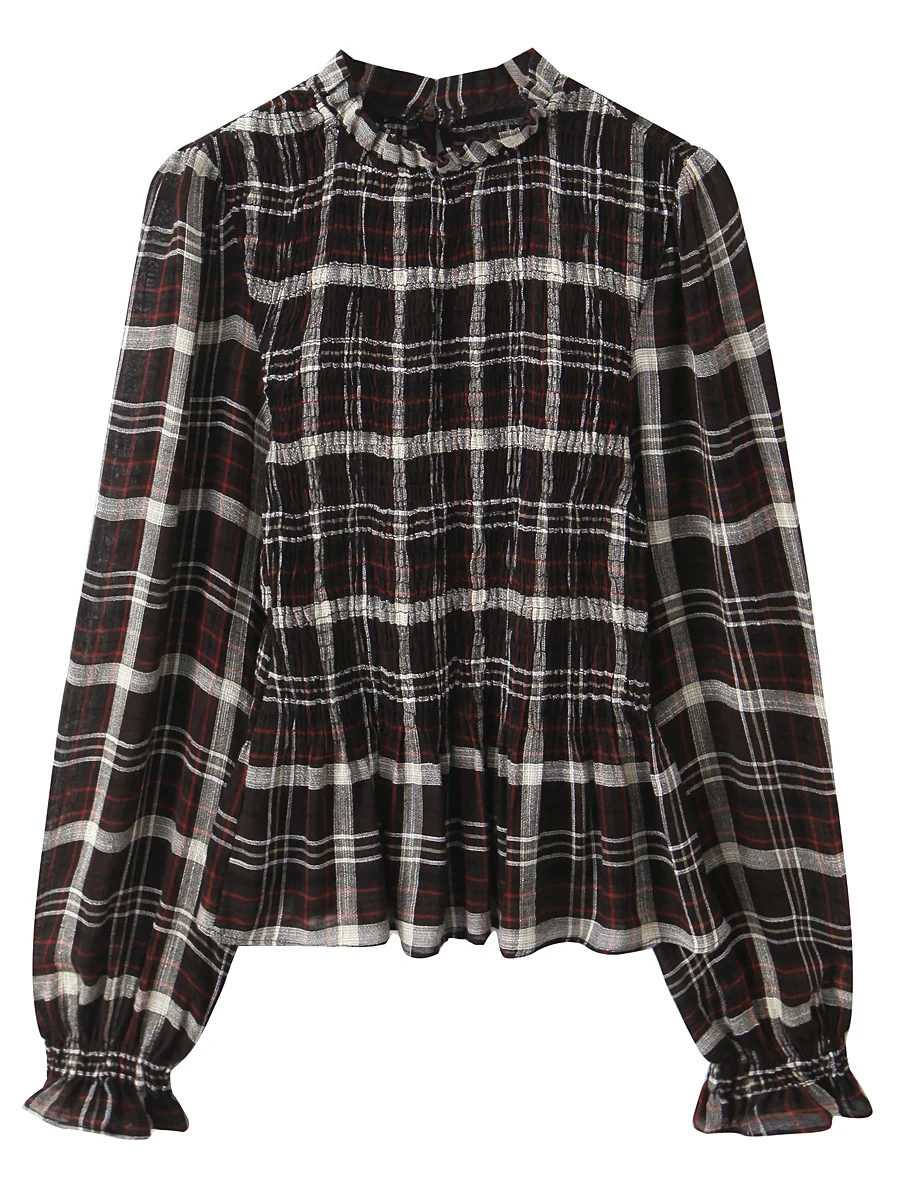 Women's Long Sleeve Shirt Stand Collar Pleated Plaid Gathered Spring Summer Base Layer Trendy Slim Fit Polyester Fiber Resist...