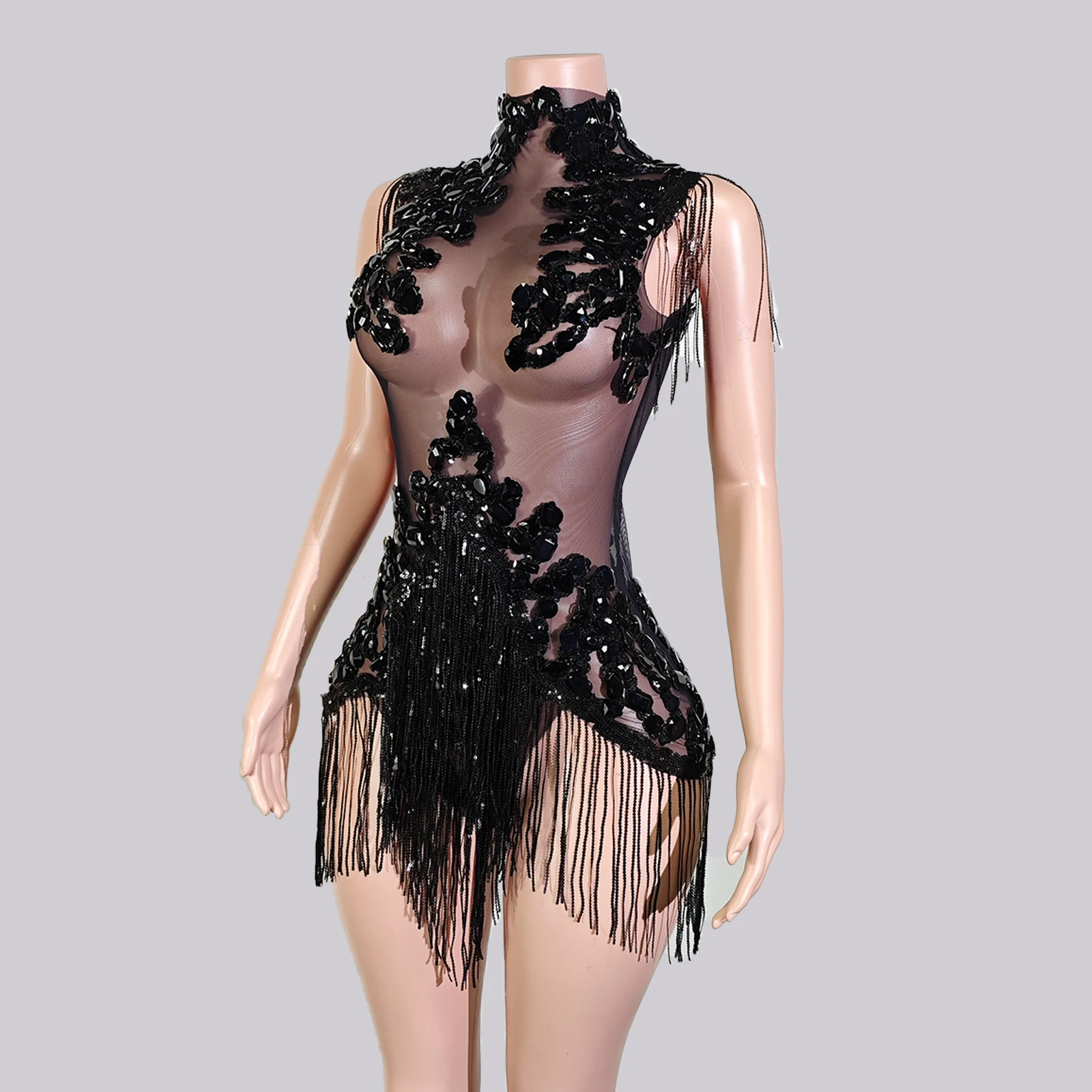 ショーガールコスチューム スパークルブラックラインストーン シースルーボディスーツ フリンジスパンコール ダンスウェア パフォーマンス ドラッグ ナイトクラブ セレブレート