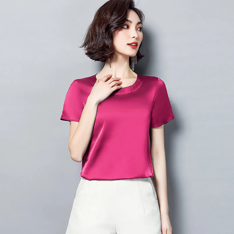 Vintage Artificial silk Short Sleeve Pullover Shirt Summer Elegant Office Lady Acetate satin Blouse chiffon tops blouse large