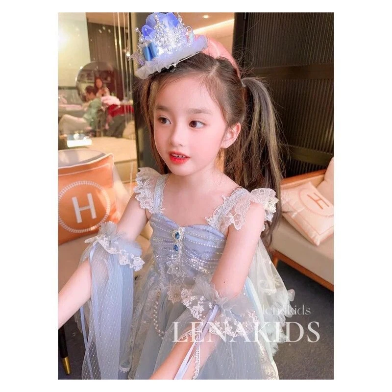 

Summer Backless Lolita Blue Ball Gown Dress Girls Kids Sets Princess Shiny Dress Birthday Party Children Gauze Clothing Sundress