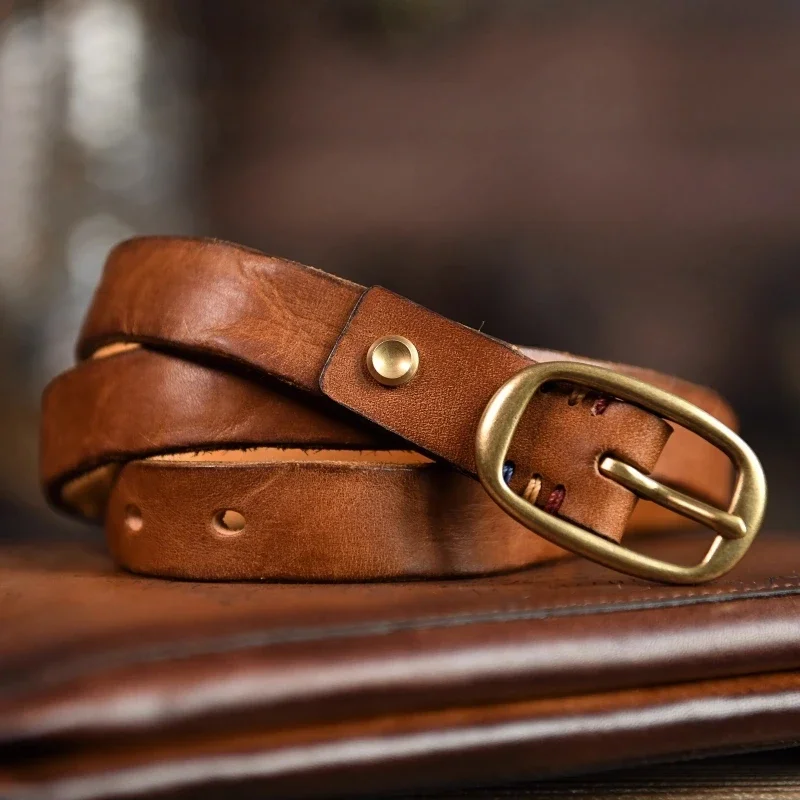 

Retro Narrow Genuine Leather Women's Belt Pure Copper Button Western Cowboy Style Versatile Jeans Belt Fashion Luxury Women Belt