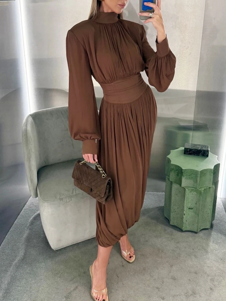 

Tossy Tapered Waist Flower Bud Maxi Dress Women's Puff Sleeves Fashion Solid Round Neck Contrast Slim Party Dress Female Dress