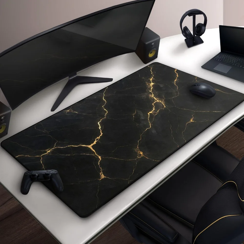 Tapis de souris gaming en marbre noir, tapis de bureau luxueux à veines dorées, texture pierre élégante, tapis de souris XXL, accessoires de bureau