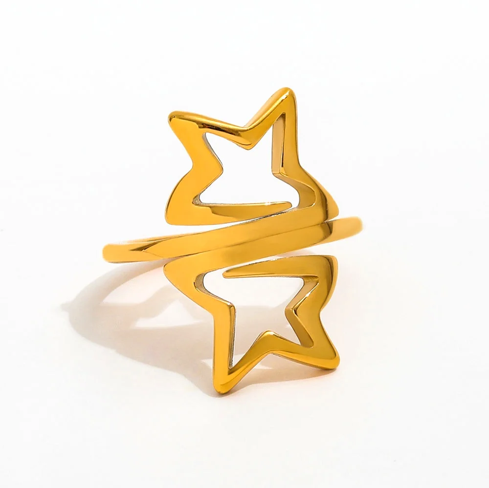 

Joolim Jewelry Wholesale High End PVD No Fade Fashion Hollow Double Five-pointed Star Stainless Steel Ring Trend For Women