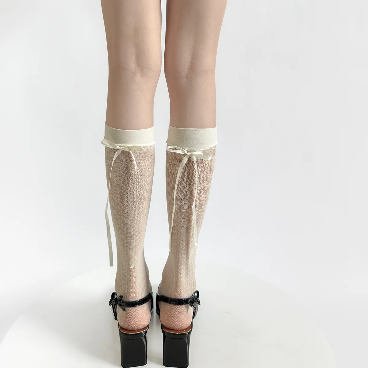 Lace Hollow Calf Socks Heel Streamer Bow Mid-tube Stacking Socks Japanese Water Ripple Mesh Jacquard Stockings
