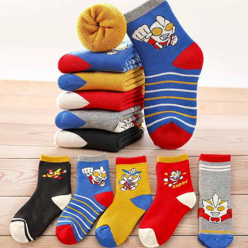 5 Double Set Autumn and Winter Children\'s Cartoon Cute Fashion Cool Boys and Girls Solid Color Thick Wool Cotton Socks