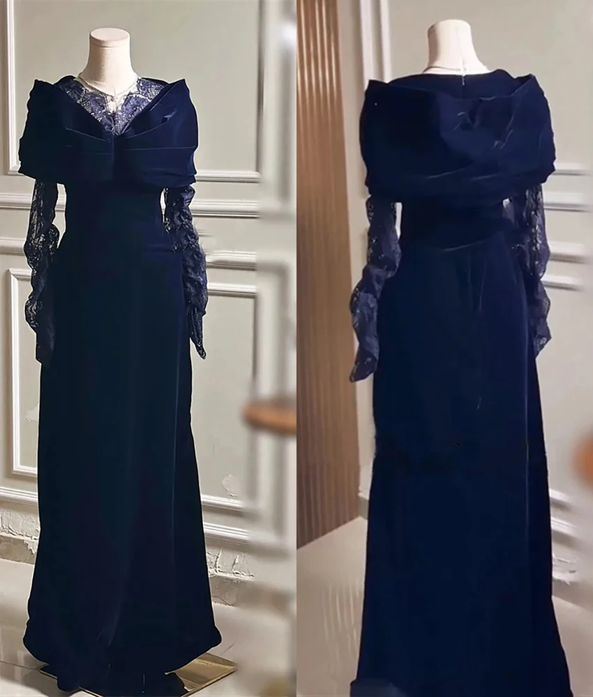 

Lzhk Customized Graceful Velvet Mermaid Lace Evening Dress High Quality V-Neck Long Sleeves Floor Length Bespoke Occasion Gowns