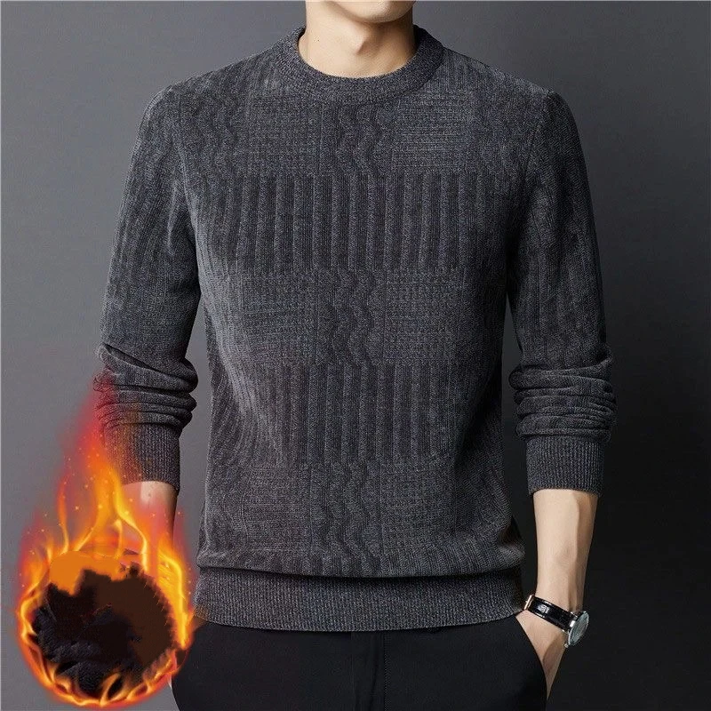 

Men's Solid Color Sweater Plus Velvet Versatile Jacquard Thermal Jacket Men's Round Neck Knitted Base Layer