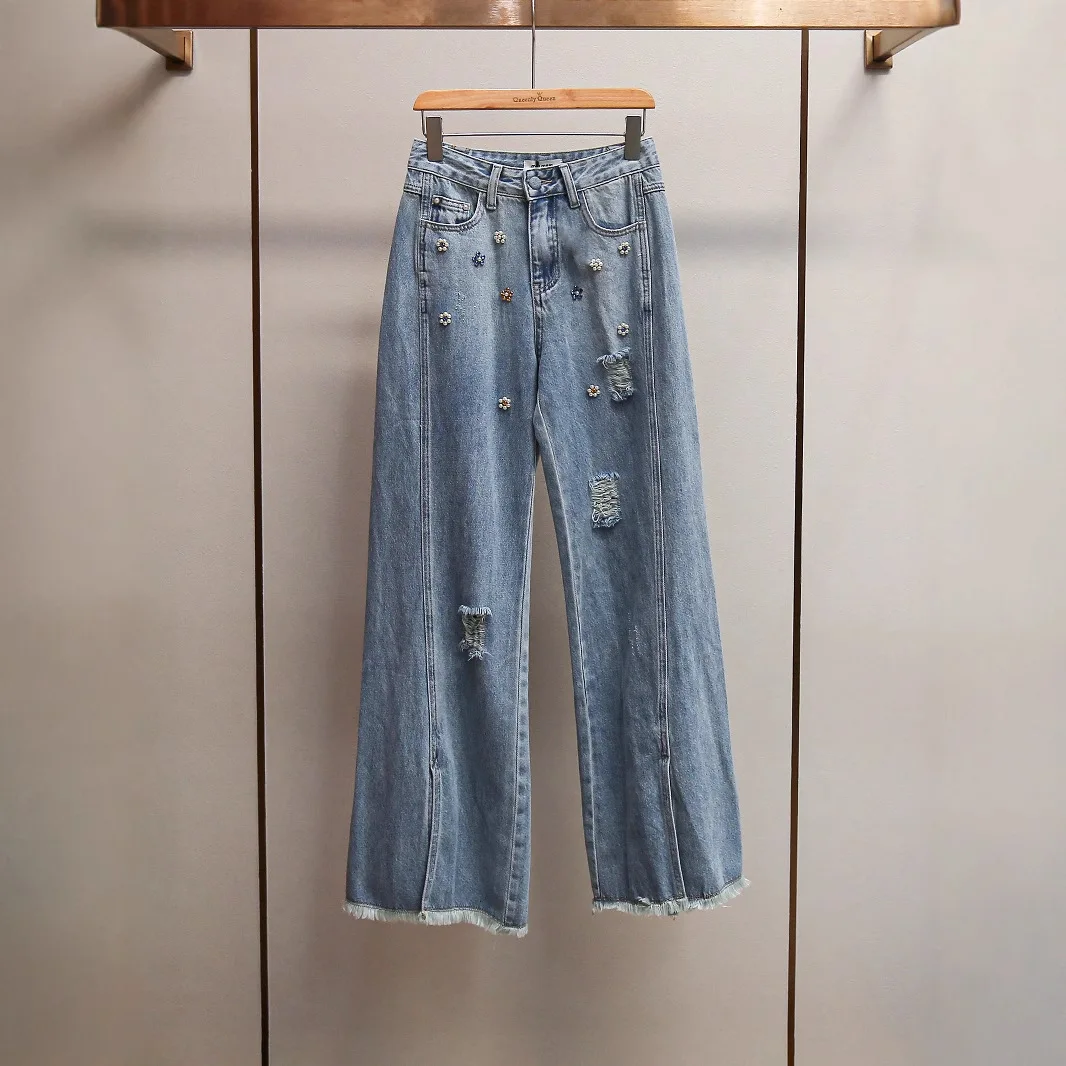 

High Waist Wide Leg Denim Jeans Women's Fashion Casual Vintage Loose Fit Versatile Pearl Embellished Hole Design Cotton Jeans
