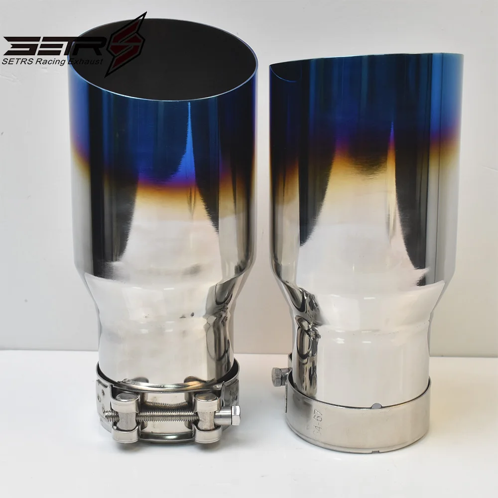 1Pc Universal Brunt Blue Stainless Steel Slahed Cut Flange Exhaust Pipe Curly Muffler Tip For E90