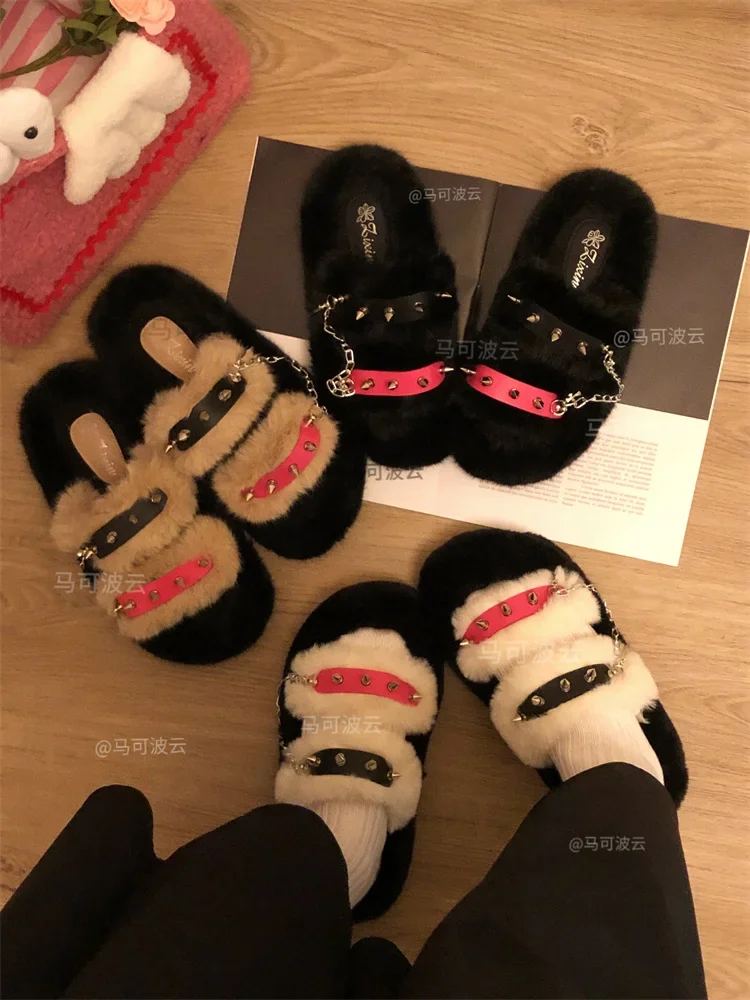 

Y2K style winter outdoor shoes for women Faux fur warm slippers Fashion rivet Punk shoes