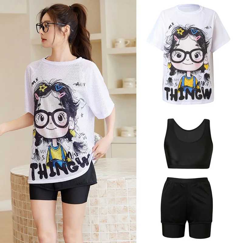 

Женская пляжная рубашка с коротким рукавом, спортивный бюстгальтер-бикини и шорты-бойшорты, летнее пляжное платье, купальник-рашгард